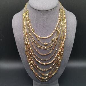 Multistrand Topaz Faux Pearl Gold Necklace, 9 Strands, Layering, 16 Inches